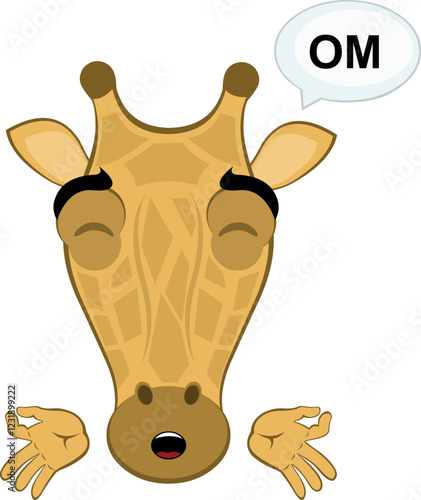 vector illustration emoji face giraffe character cartoon, meditating with a speech bubble with the text OM