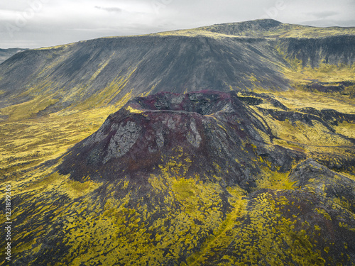 Cette vue aérienne spectaculaire d’un cratère volcanique en Islande met en évidence les contrastes saisissants du paysage nordique. La roche volcanique sombre se mêle aux teintes jaunes et vertes de l