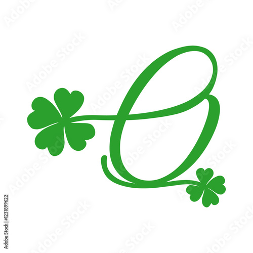 Símbolo de primavera. Logo con letra inicial Q con trébol de cuatro hojas para felicitaciones y tarjetas del día de San Patricio