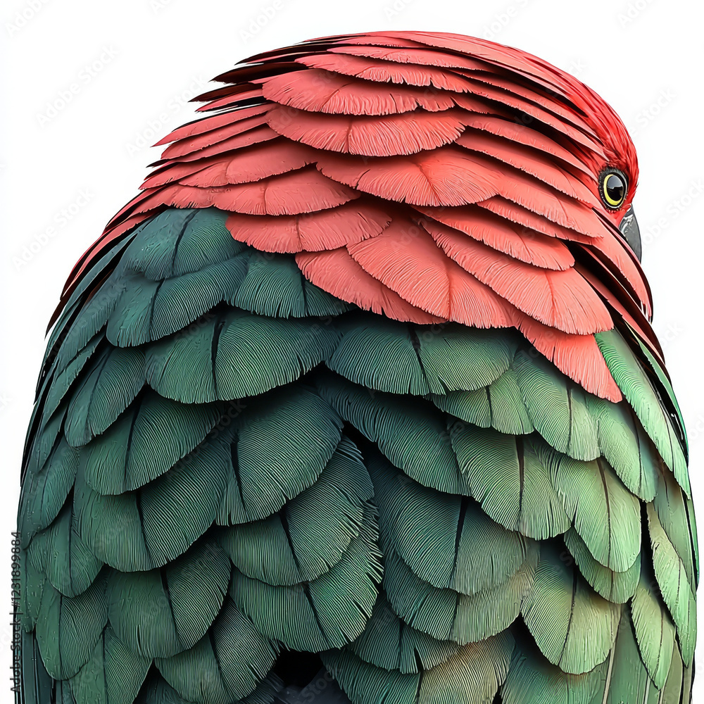 Fototapeta premium Red and green parrot feathers, intricate detail, avian plumage.