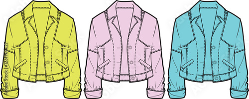 Fashion Croquis- Three Stylish Button-Up Jackets, Pastel Colors, Women's Apparel Design