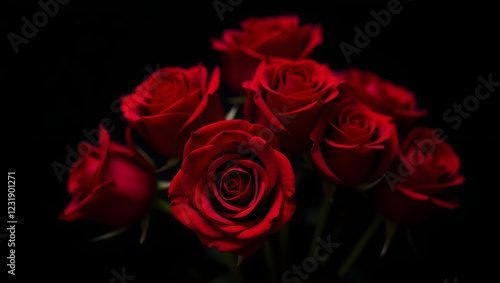 Wallpaper Mural A  gorgeous bouquet of red roses, with petals soft to the touch, artfully arranged with curled leaves and a few sparkling droplets of water, set against a deep, velvety black background Torontodigital.ca