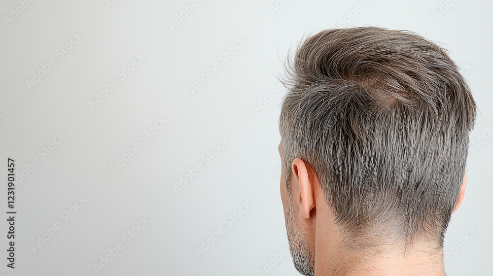 Rear view of a person with a stylish gray hairstyle against a neutral background, showcasing modern personal grooming. Rear view of a person with a stylish gray hairstyle against a neutral background, showcasing modern personal grooming.