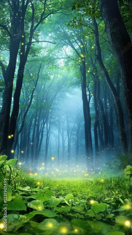 Fototapeta premium Mystical fireflies dance among lush greenery in enchanted forest nature scene tranquil environment dreamlike viewpoint