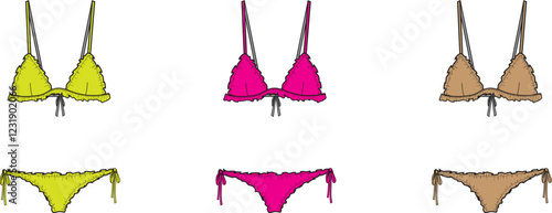 Fashionable Frilly Bikini Set Designs-  Trendy Summer Swimwear Illustrations