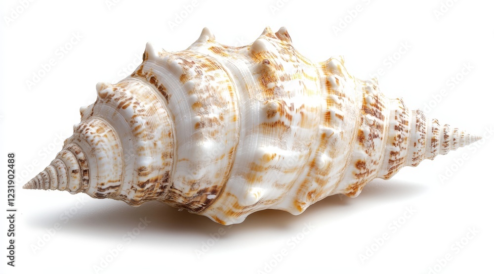 Spiral seashell with brown and white stripes isolated on white background. Spiral seashell with brown and white stripes isolated on white background.