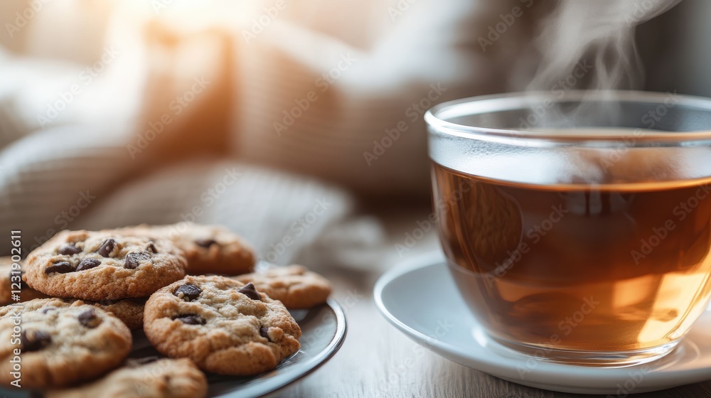 Freshly brewed tea and warm cookies create a cozy afternoon delight Freshly brewed tea and warm cookies create a cozy afternoon delight