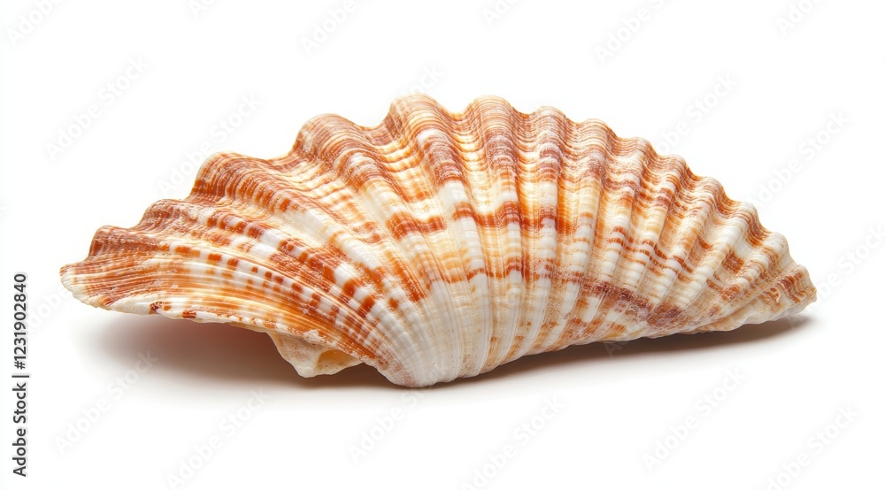 Close-up of a single, ribbed, orange and white seashell isolated on white background. Close-up of a single, ribbed, orange and white seashell isolated on white background.