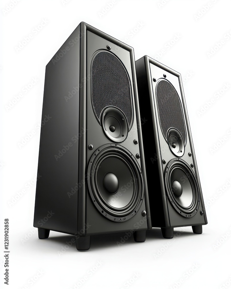 Fototapeta premium Black Stereo Speakers on White Background for Audio Equipment