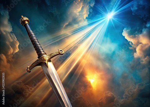 A celestial blade, imbued with divine power and faith, symbolizes spiritual warfare in inspirational fantasy art. photo