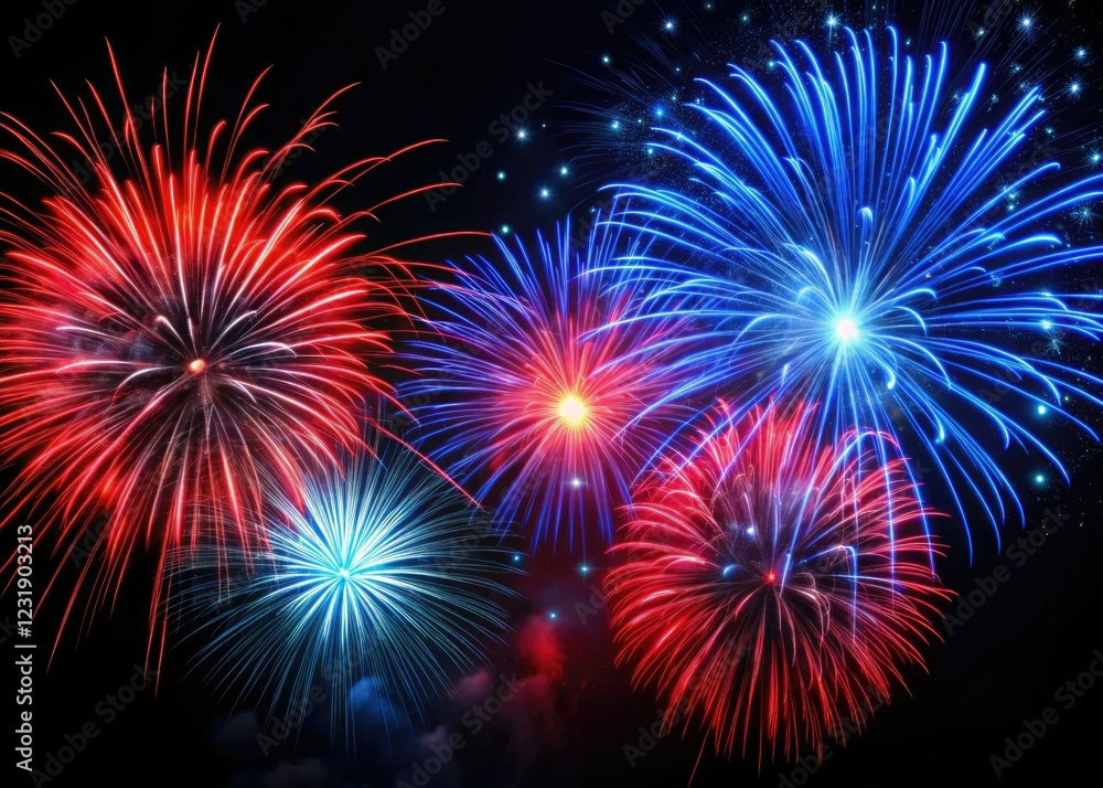 A dazzling red, white, and blue fireworks burst illuminates the night sky, celebrating American Independence Day. A dazzling red, white, and blue fireworks burst illuminates the night sky, celebrating American Independence Day.