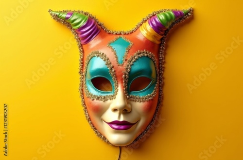 Colorful carnival mask with curved horns, intricate gold details, and bold orange, teal, and purple tones, set against a vibrant yellow background photo