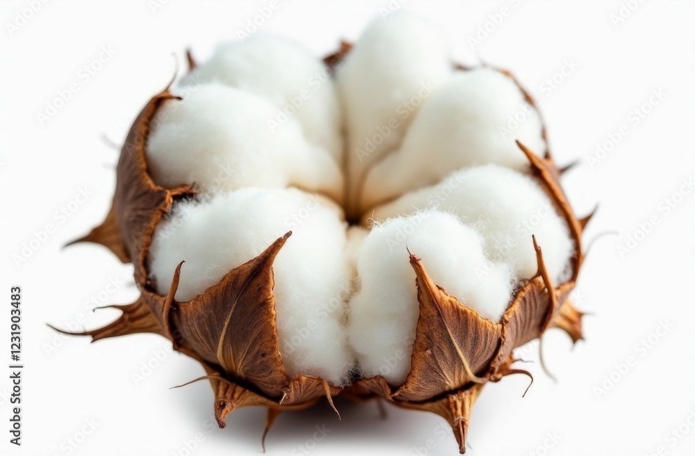Macro shot of an open cotton boll with fluffy white cotton fibers emerging from a dried brown husk, isolated on a white background Macro shot of an open cotton boll with fluffy white cotton fibers emerging from a dried brown husk, isolated on a white background