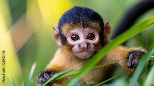 Cute baby monkey frolics in meadow, playing joyfully with its tail photo