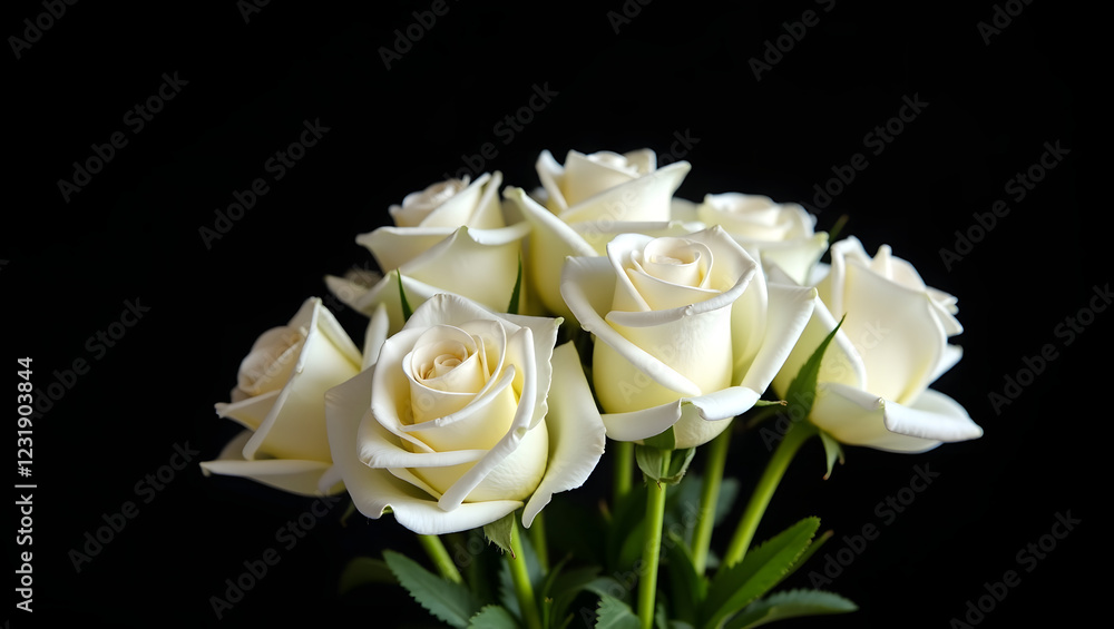 Fototapeta premium A refined and graceful bouquet of white roses, their petals velvety and luminous, artfully arranged with gentle green stems, contrasted beautifully by a rich black background