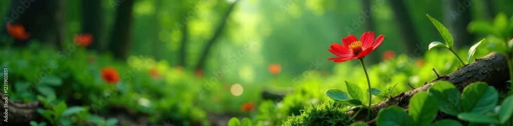Obraz premium Red flower amidst the greenery of the forest floor, forest, flowers