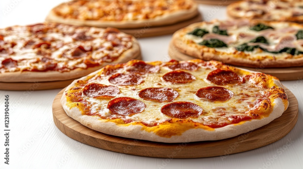Savoring a collection of delicious pizza boxes on a bright white background Savoring a collection of delicious pizza boxes on a bright white background