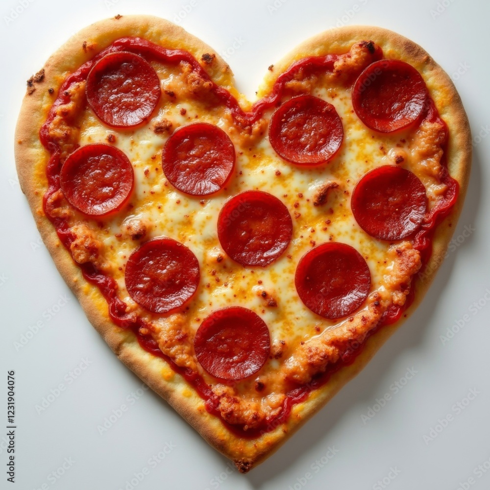 Heart-shaped pepperoni pizza with crispy crust, melted cheese, and tomato sauce, isolated on a white background Heart-shaped pepperoni pizza with crispy crust, melted cheese, and tomato sauce, isolated on a white background