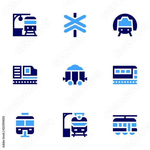 Railway icon set. Bold style. Duotone colors. train station, level crossing, monorail, carriage, freight wagon, train, tram