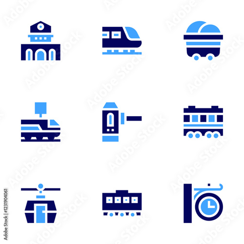 Railway icon set. Bold style. Duotone colors. train, funicular, railway station, clock, carriage, turnstile