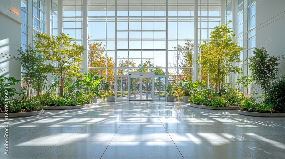 Sunlit lobby atrium plants exit Sunlit lobby atrium plants exit