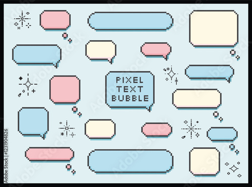 Cute pixel text speech bubble isolated pastel with frame elements illustration set. Speech talking thinking box. Dialogue cloud. 8 bit. For game development, mobile app, graphic, social media