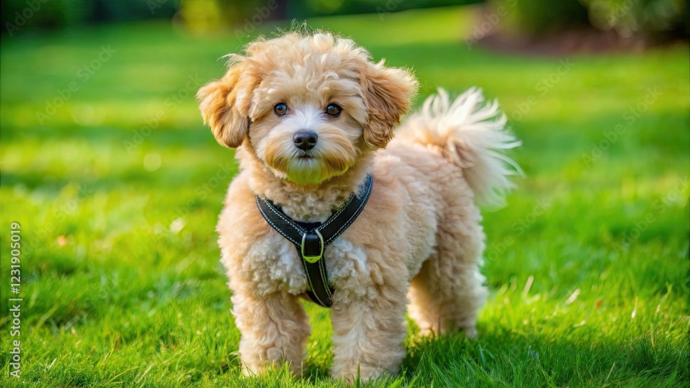 A fluffy Poochon puppy, airborne, in a black harness, enjoys a verdant park. A fluffy Poochon puppy, airborne, in a black harness, enjoys a verdant park.