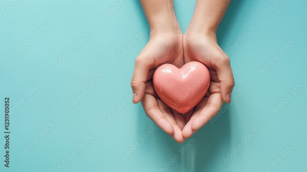 Fototapeta premium Female hands on a blue background holding a pink heart. The concept of donations and family insurance, World Heart Day. valentine's day.