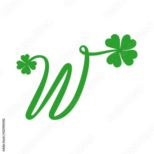 Símbolo de primavera. Logo con letra inicial W con trébol de cuatro hojas para felicitaciones y tarjetas del día de San Patricio