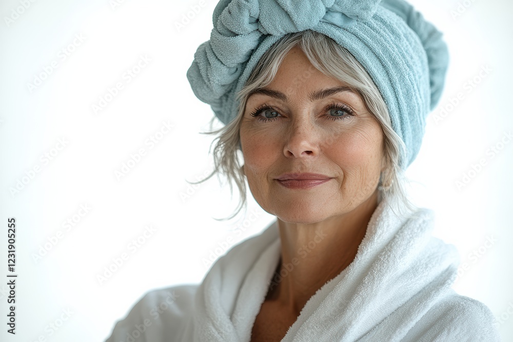 A serene older woman with gray hair wearing a soft bathrobe and a light blue towel turban, radiating confidence and tranquility in a bright setting. A serene older woman with gray hair wearing a soft bathrobe and a light blue towel turban, radiating confidence and tranquility in a bright setting.