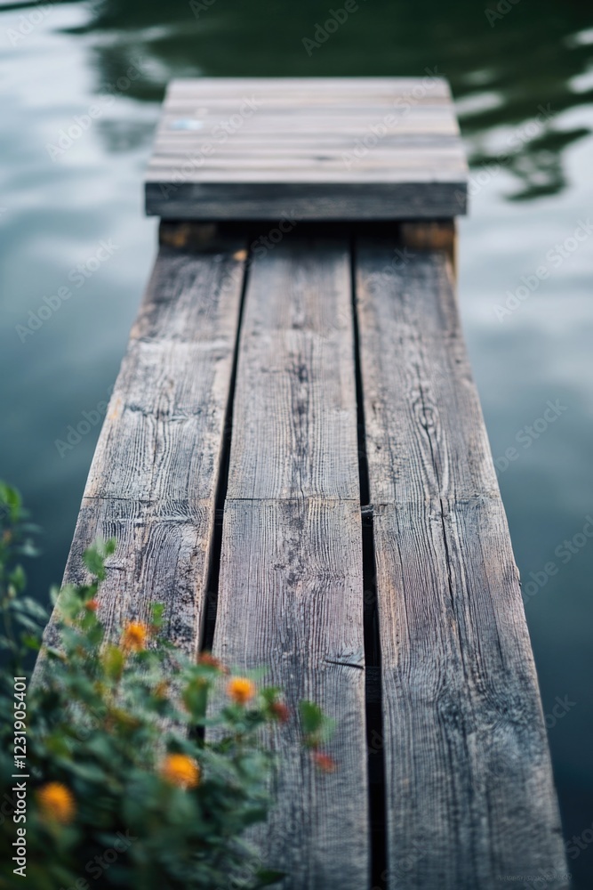 Fototapeta premium A wooden dock extending over a peaceful lake or ocean, suitable for photography, illustrations, and designs