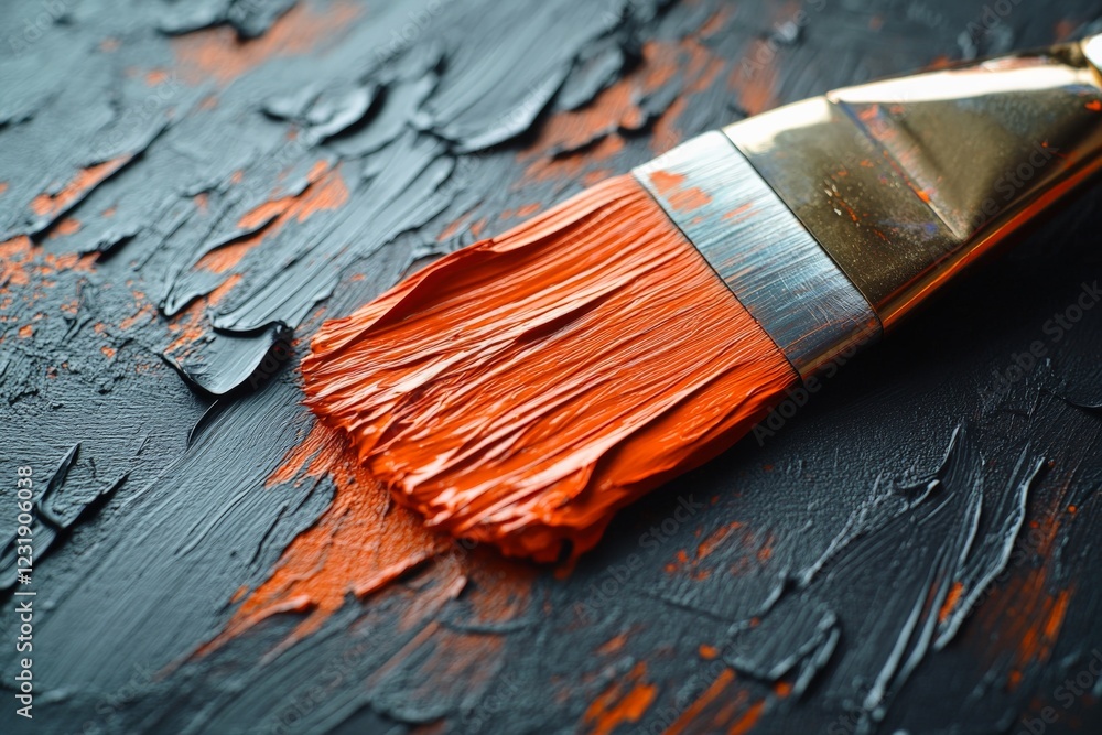 Fototapeta premium Bright orange paintbrush resting on textured black surface with artistic strokes in a creative workspace