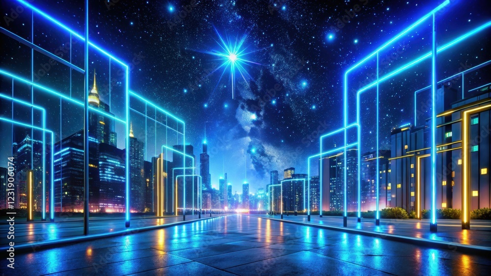 Electric neon light installation with blue and yellow hues illuminating a modern city street at night under starry sky Electric neon light installation with blue and yellow hues illuminating a modern city street at night under starry sky