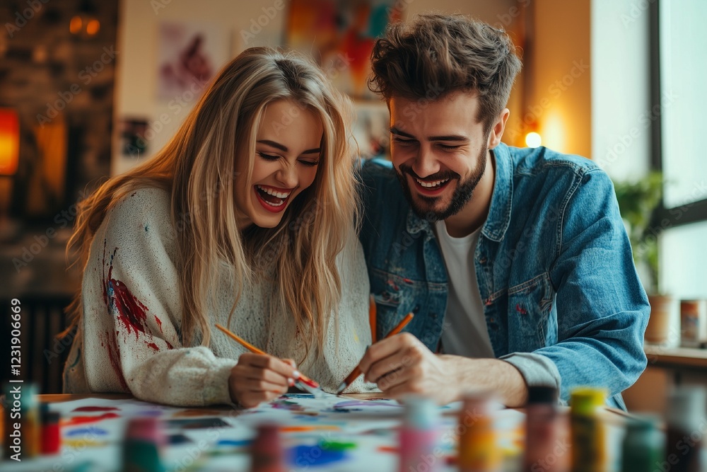 Fototapeta premium Couple in love paint together with bright colors on canvas. Hugging and smiling couple in love paint hearts on paper. Valentine's Day.