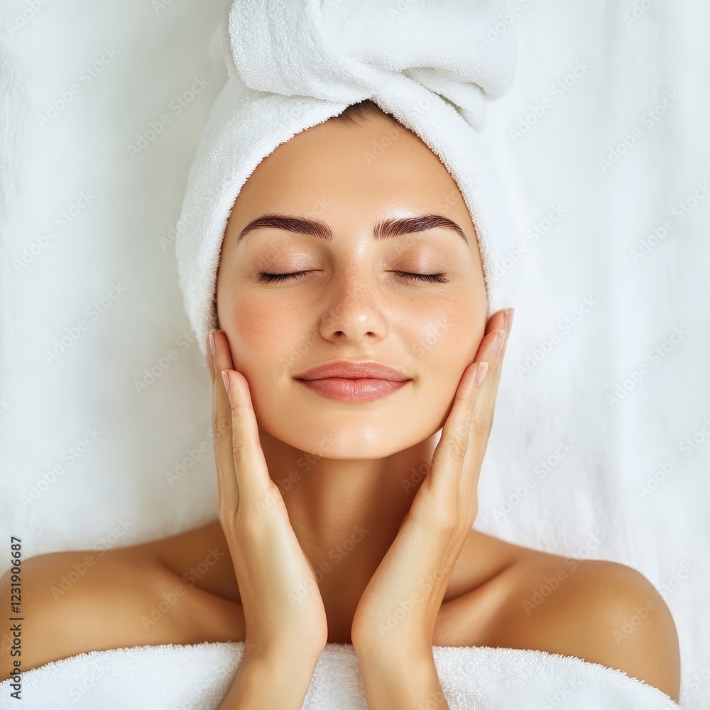 Radiant Beauty Portrait of Young Woman with Towel on Head Radiant Beauty Portrait of Young Woman with Towel on Head