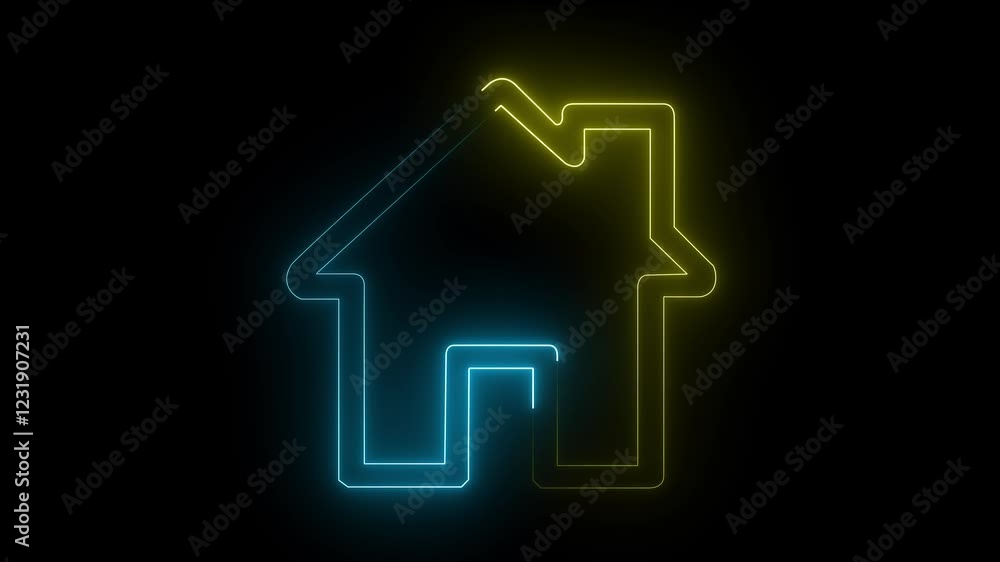 glowing neon Home icon animation on a black background in yellow and cyan color. glowing neon Home icon animation on a black background in yellow and cyan color.