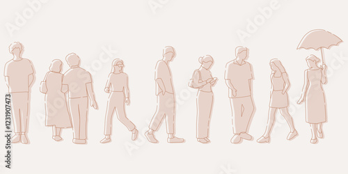 flat minimal people male and female vector illustration in spring summer clothing concept isolated set collection. Outline with silhouette shadow. For architecture, design, info graphic, media