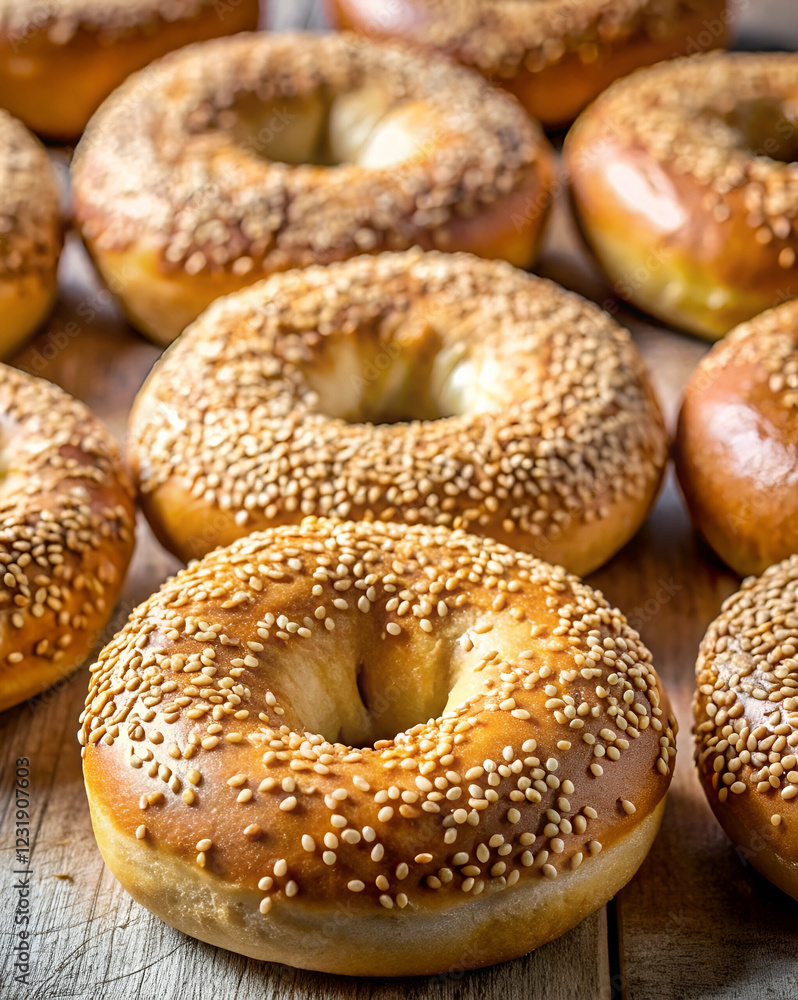 baking with yeast, Freshly baked sesame bagels arranged artfully on a wooden surface, showcasing their golden color and appealing texture. baking with yeast, Freshly baked sesame bagels arranged artfully on a wooden surface, showcasing their golden color and appealing texture.