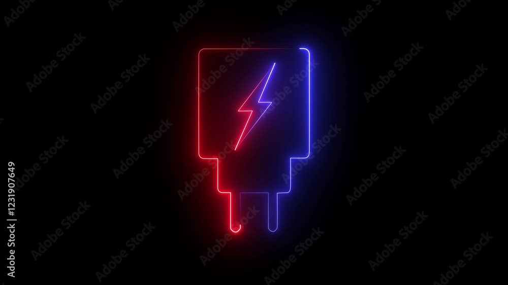 glowing neon red and blue color mobile phone charger animation icon on black background. 4k animation. glowing neon red and blue color mobile phone charger animation icon on black background. 4k animation.
