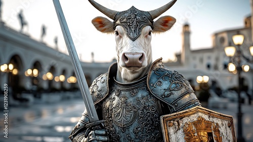 A valiant armored cow stands with a sword and shield in a historic courtyard at sunset photo