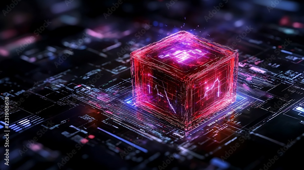 Glowing Red Cube Hologram on Futuristic Tech Interface Glowing Red Cube Hologram on Futuristic Tech Interface