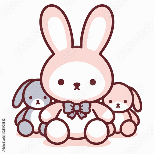 Pink Bunny with Puppies: An adorable pink bunny with a bow sits serenely between two equally cute grey and pink puppies.