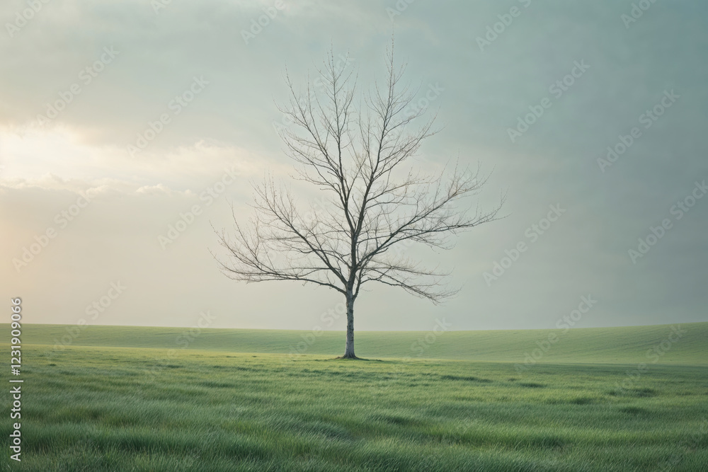 Obraz premium Lone tree on green meadow under soft cloudy sky 