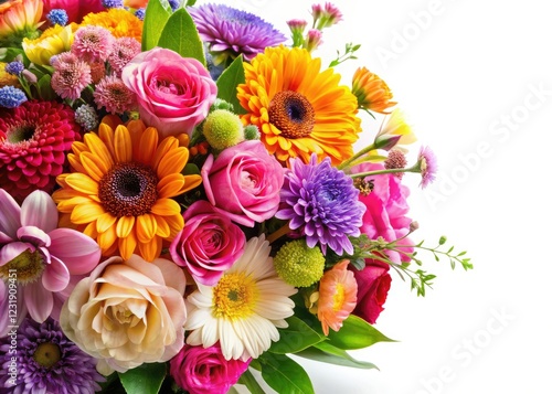 A vibrant spring bouquet bursts with colorful blooms, perfect for weddings or celebrations, isolated against a white backdrop.