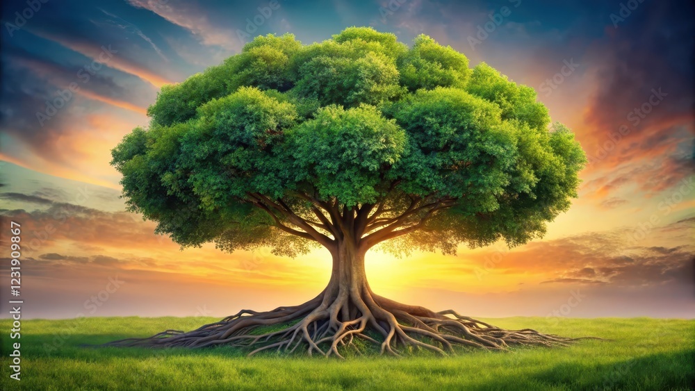 Fototapeta premium Majestic ancient tree with sprawling roots basking in the warm glow of a vibrant sunset