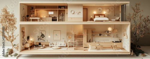 Minimalist two-story house model, showcasing calm, light-filled interior design.
