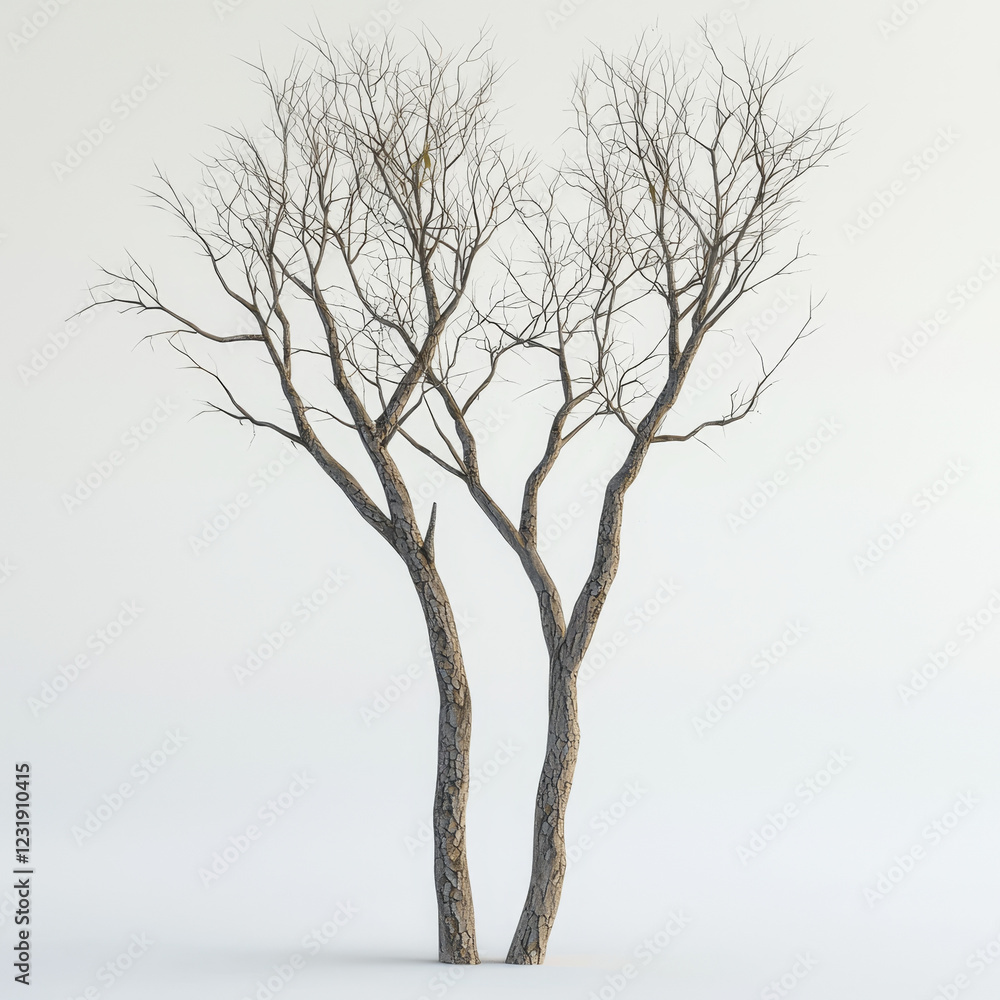 Fototapeta premium Bare winter tree, twin trunks, delicate branches.