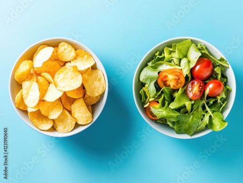 Contrast healthy salad crispy potato chips