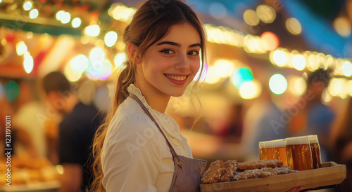 Young woman in traditional Bavarian attire enjoys festive market with treats and drinks in autumn ambiance filled with lights photo