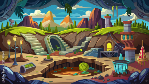 Cartoon illustration of a mysterious underground landscape with tunnels, buildings, and rocky terrain surrounded by lush greenery and mountains in the background